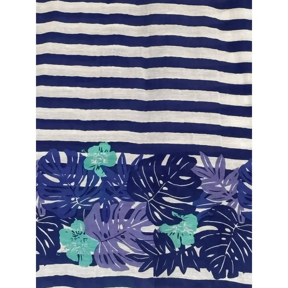Vineyard Vines Blue & White Striped Floral Summer Scarf Tassels Lightweight